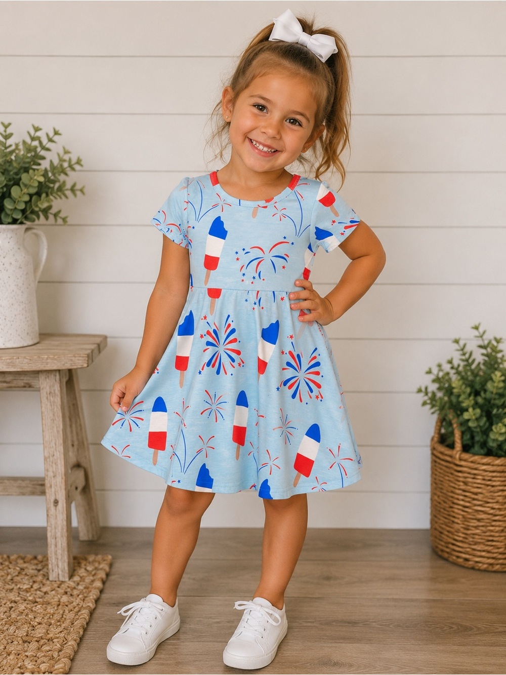 Light Blue Firework & Rocket Print Girls' Dress